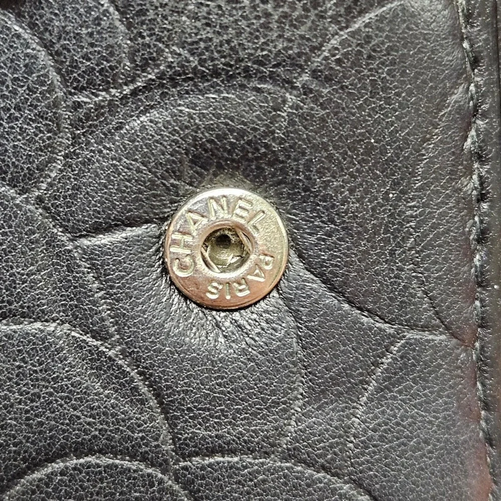 CHANEL Camellia Embossed Lambskin Organizer Wallet Black Silver CC 16 Series